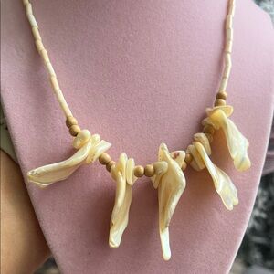 Unique Vintage Cream Shell Fringe Necklace with Wooden Beads
